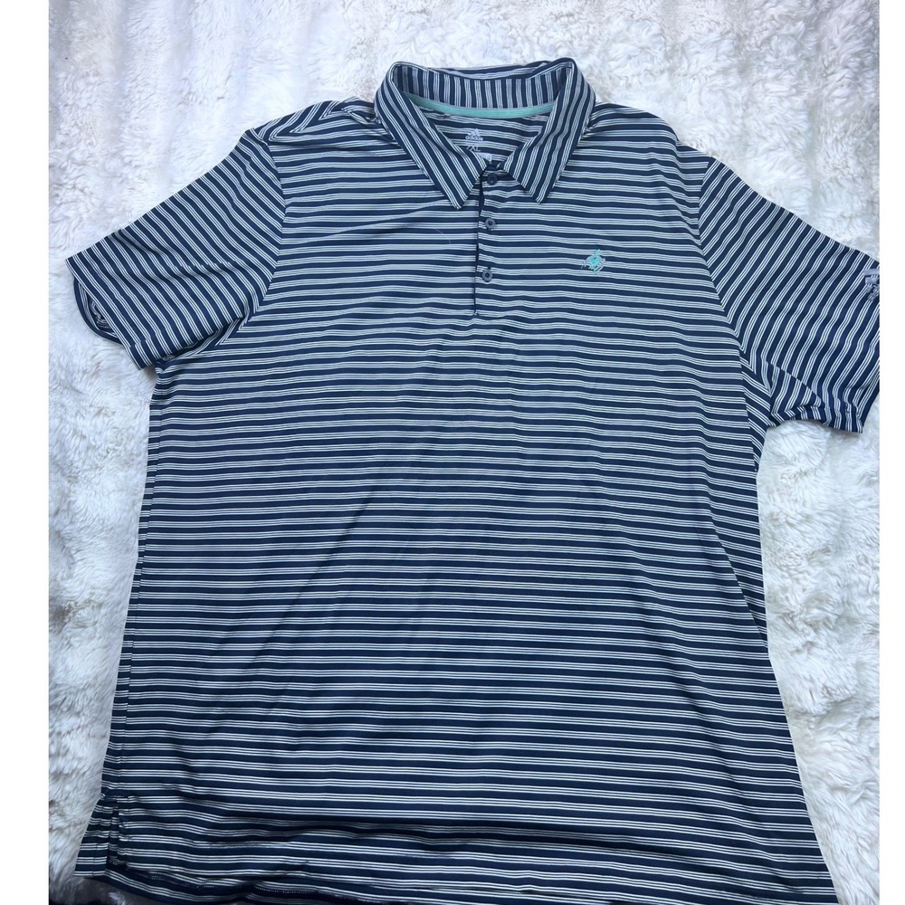 Adidas Golf Mens 2XL Navy Blue White Striped Flamingo Polo Shirt A36